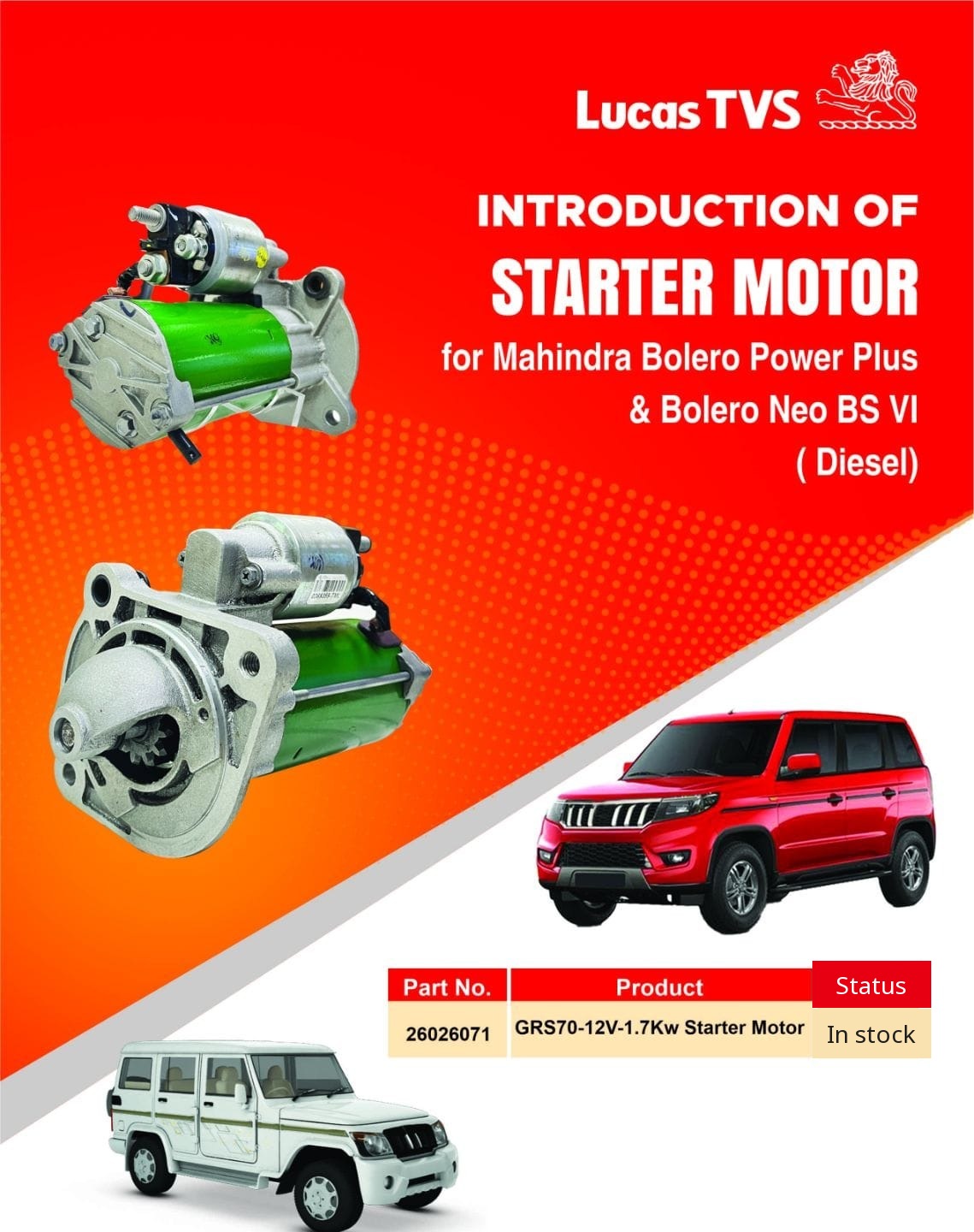 Lucas TVS GRS70 12V 1.7Kw starter motor for Mahindra Bolero Power Plus and Bolero Neo BS VI diesel
