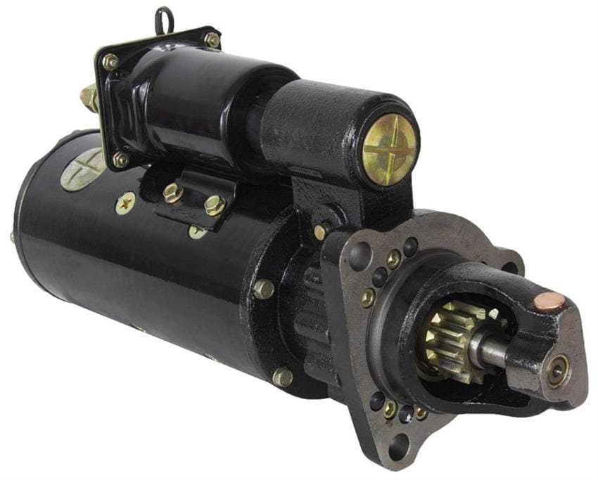 Heavy-duty commercial vehicle starter motor with mounting flange and pinion