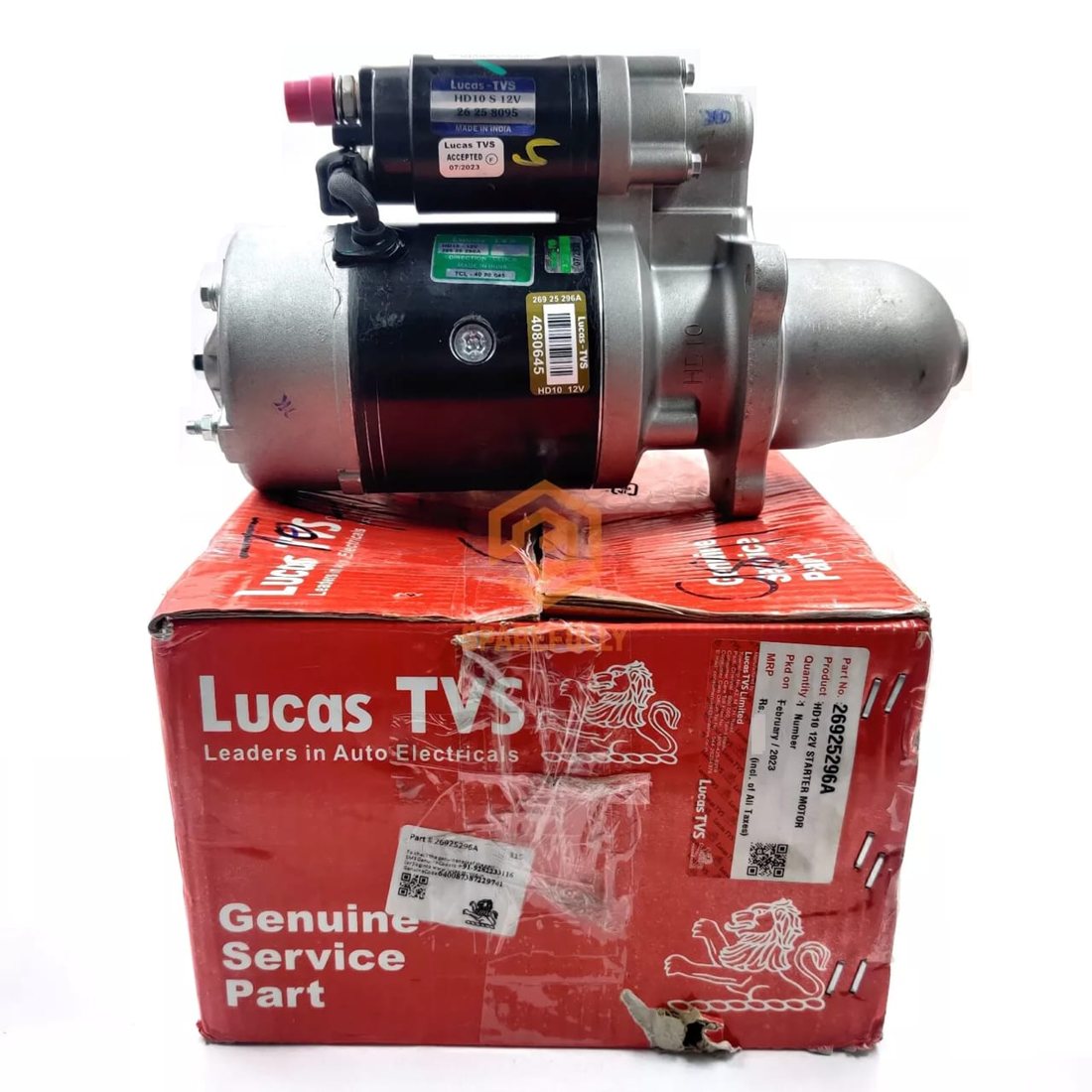 Lucas TVS HD10 12V starter motor, part no. 26925296A, on its red Genuine Service Part box